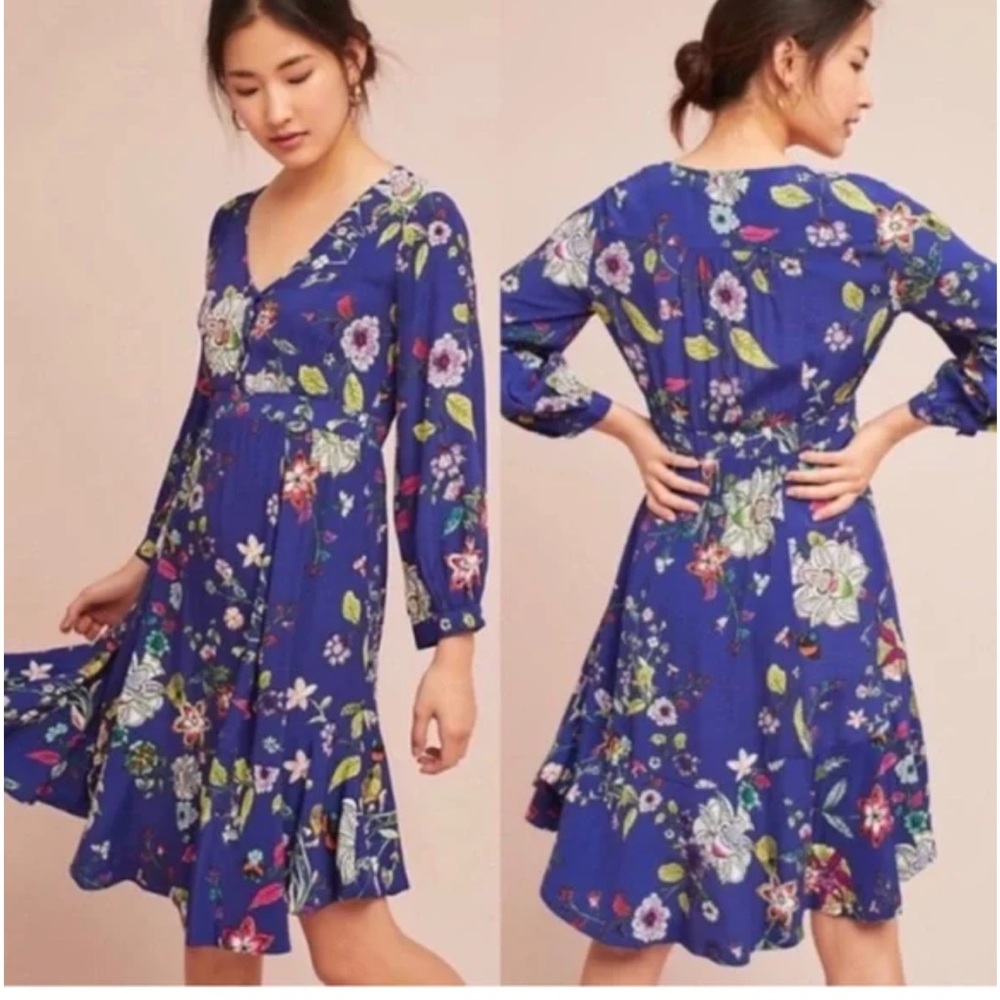 Maeve Blue Floral V-Neck Long Sleeve Dress